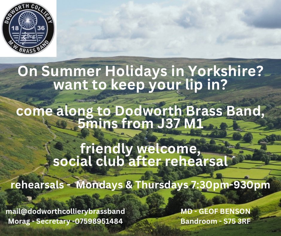 Fancy a banding holibob?
Having a holiday in #Yorkshire?
Why not keep your lip in!

#Friendly welcome, rehearsals Mondays &amp; Thursdays 7:30-930pm, social club afterwards 🍺🍷

Come along to Dodworth Band!
5mins from J37, M1

#SummerHolidays
#BrassBanding
#SouthYorkshire
#Barnsley