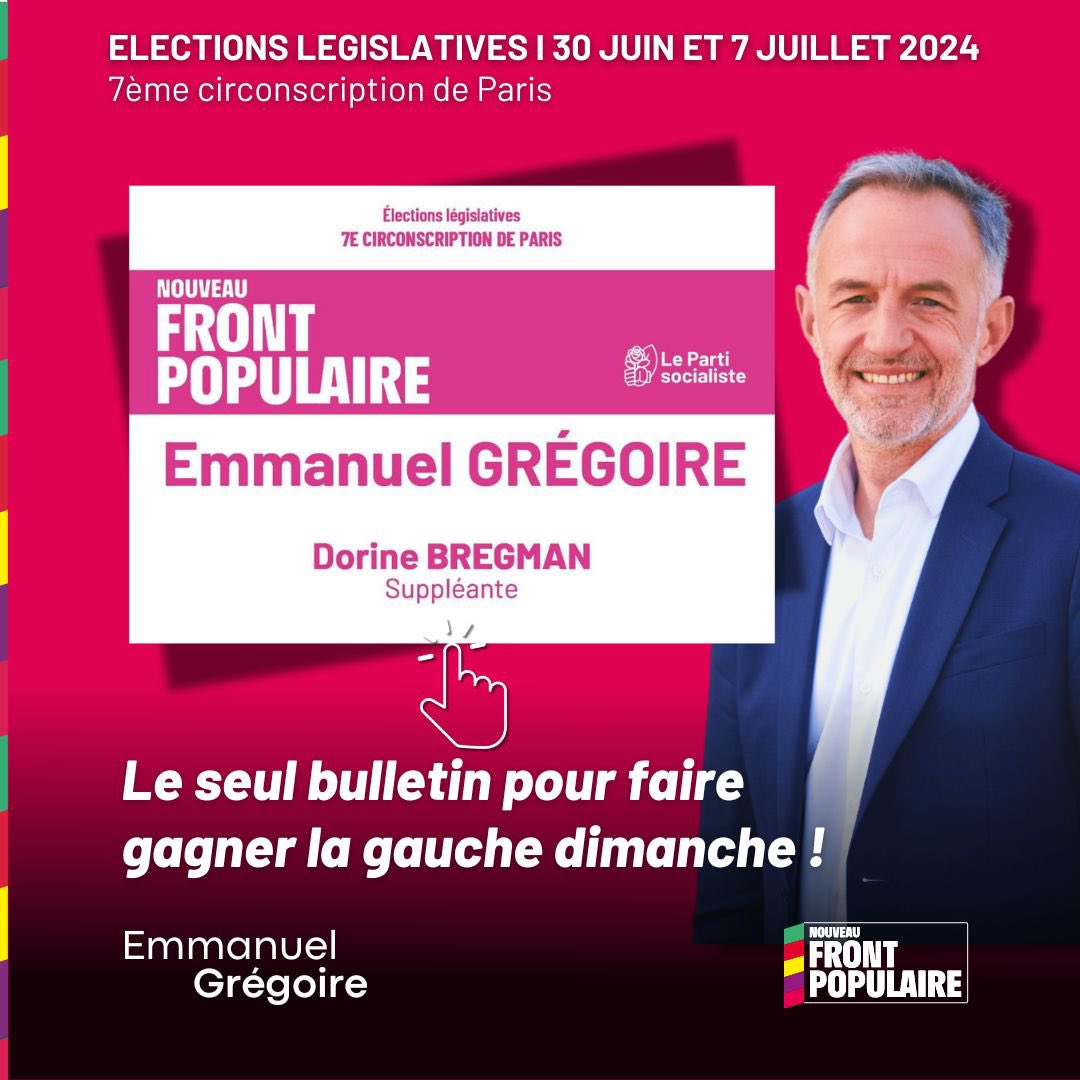 Emmanuel Grégoire (@egregoire) on Twitter photo Ce dimanche 30 juin, dans la #circo7507, pour faire gagner les valeurs de la gauche, votez #NouveauFrontPopulaire, avec le bulletin <a href="/egregoire/">Emmanuel Grégoire</a> et <a href="/DorineBregman/">Dorine Bregman @dorabreg.bsky.social</a> !
Je compte sur vous.
Vous pourrez compter sur moi. Ce dimanche 30 juin, dans la #circo7507, pour faire gagner les valeurs de la gauche, votez #NouveauFrontPopulaire, avec le bulletin <a href="/egregoire/">Emmanuel Grégoire</a> et <a href="/DorineBregman/">Dorine Bregman @dorabreg.bsky.social</a> !
Je compte sur vous.
Vous pourrez compter sur moi.