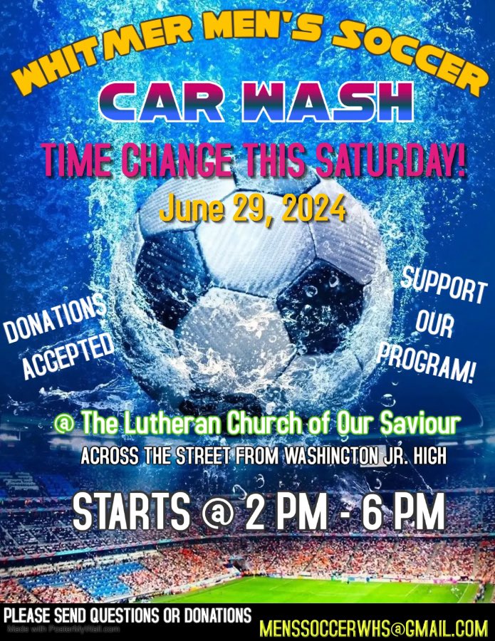 🚨TIME CHANGE 🚨 for the Whitmer HS Men’s Soccer Car Wash!

    TOMORROW from 2pm - 6pm

Across from Washington Junior High!  
(Lutheran Church of Our Savior Parking Lot)

Address = 2820 W. Alexis, Toledo, OH

No Minimum Donation! 🚗🚙🚌🛵

Event Info: facebook.com/events/1000794…