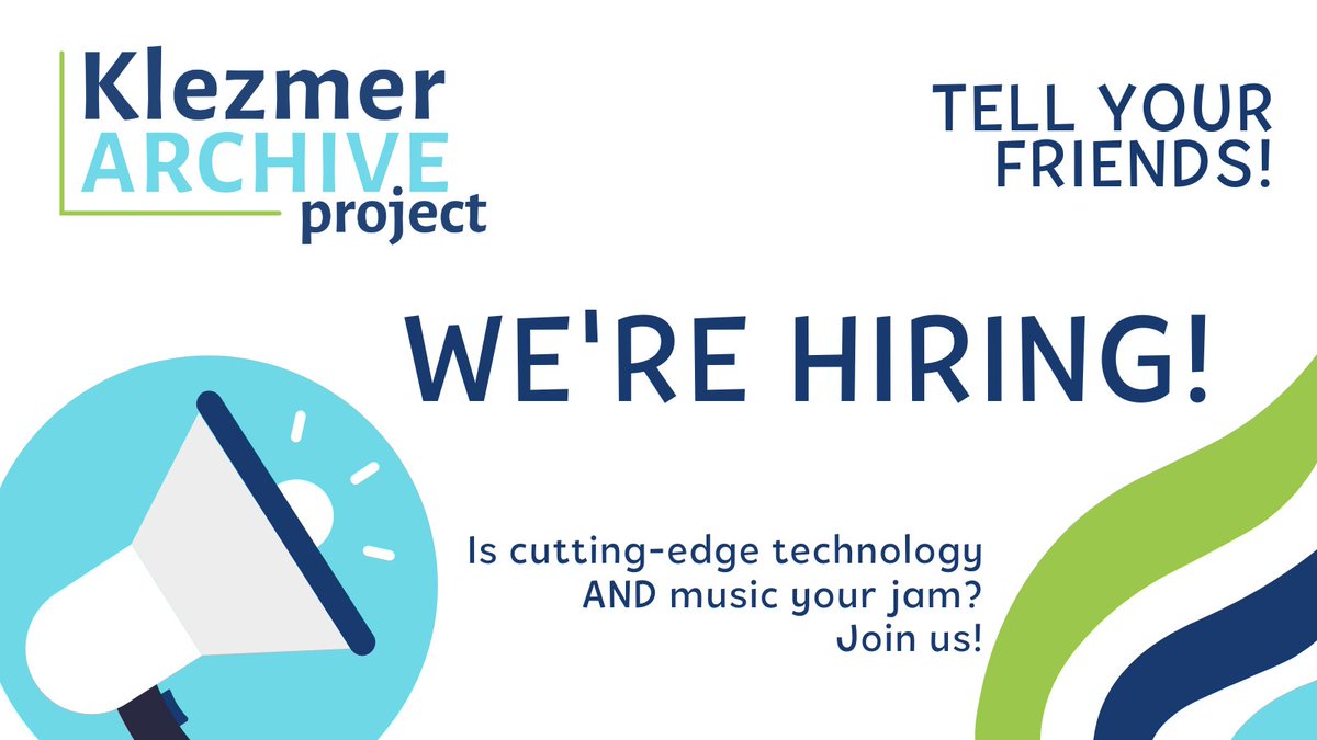 The Klezmer Archive team is hiring for two positions! 1. Visual/UI Designer to design interfaces and develop a preliminary visual identity for the project.
2. front-end developer to lay down a technological foundation for our project. #NEH  tinyurl.com/mppfhn9n