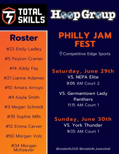 Excited to play <a href="/TheHoopGroup/">Hoop Group</a> Philly Jam Fest with <a href="/TotalSkills2025/">Total Skills Basketball Girls AAU 2025</a>! Come check us out!
<a href="/TS_Hoops/">Total Skills Basketball</a> <a href="/cbwestgbb/">CB WEST GIRLS BASKETBALL</a>