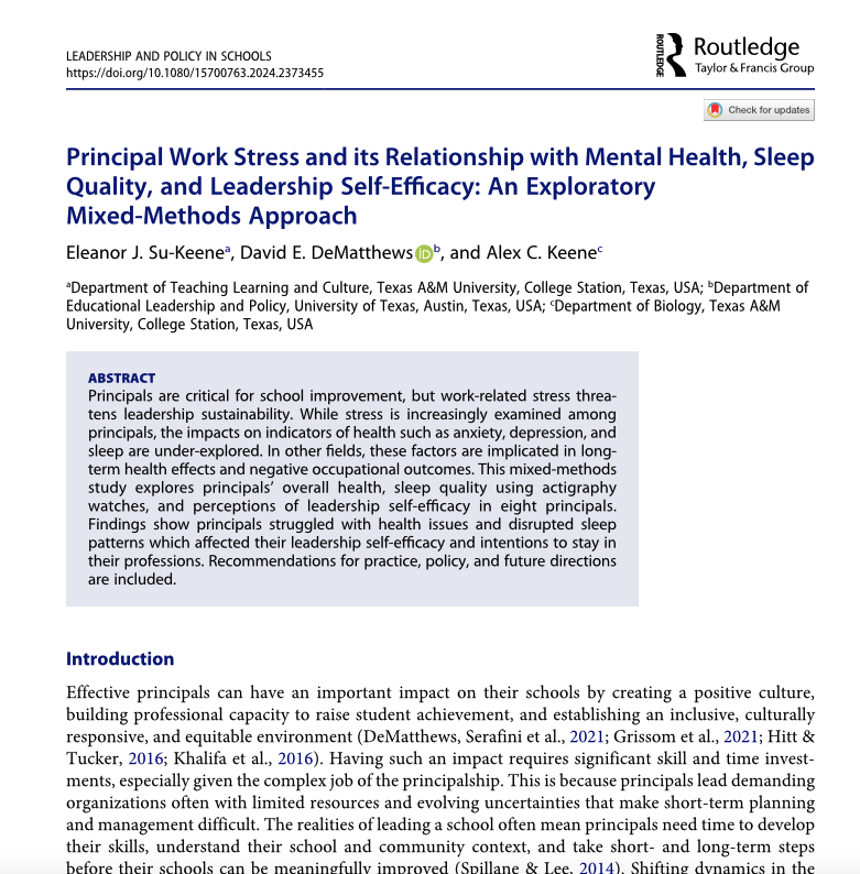 Being a principal isn't easy, and ain't getting any easier. We studied principals' sleep quality, job-related stress, &amp; perceptions of leadership self-efficacy. Principals were getting enough sleep, but w/ poorer sleep quality. This is just the beginning of studying &amp; finding