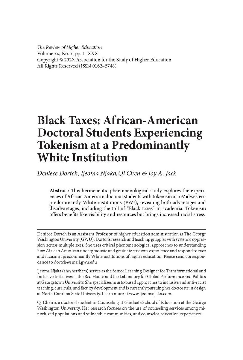 Review of Higher Education (@rhe_ashe) on Twitter photo Just dropped! An ahead of print by <a href="/Dr_Dortch/">Dr. Deniece Dortch</a>, <a href="/anotherijeoma/">Ijeoma Njaka</a>, <a href="/cqkiki/">Qi Chen</a>, & Joy A. Jack, "Black Taxes: African-American Doctoral Students Experiencing Tokenism at a Predominantly White Institution." Read this NEW #RHE article: muse.jhu.edu/pub/1/article/… Just dropped! An ahead of print by <a href="/Dr_Dortch/">Dr. Deniece Dortch</a>, <a href="/anotherijeoma/">Ijeoma Njaka</a>, <a href="/cqkiki/">Qi Chen</a>, & Joy A. Jack, "Black Taxes: African-American Doctoral Students Experiencing Tokenism at a Predominantly White Institution." Read this NEW #RHE article: muse.jhu.edu/pub/1/article/…