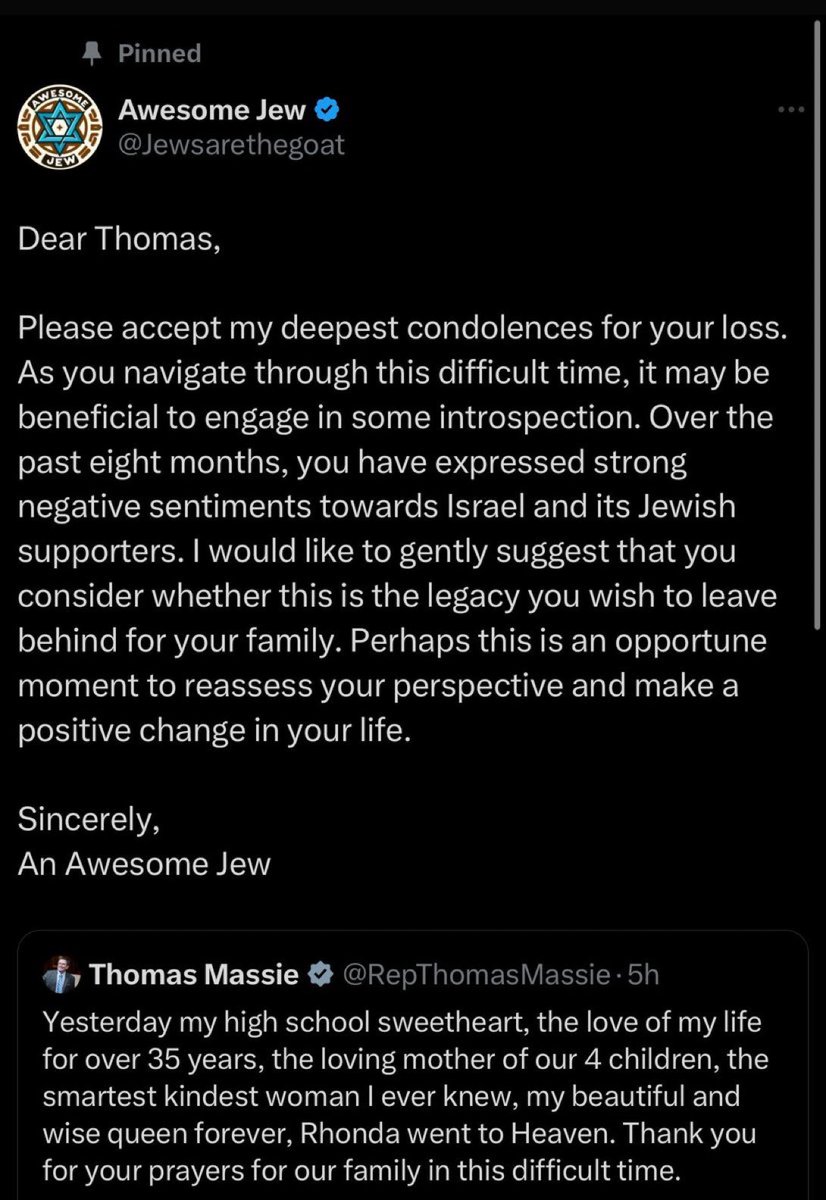 AtRealBen's tweet photo. Imagine you speak out against Israel, suddenly your wife dies, and then jews start telling you to reconsider your stance on Israel. 

That’s what is happening to @RepThomasMassie https://t.co/85lCxUlLzq