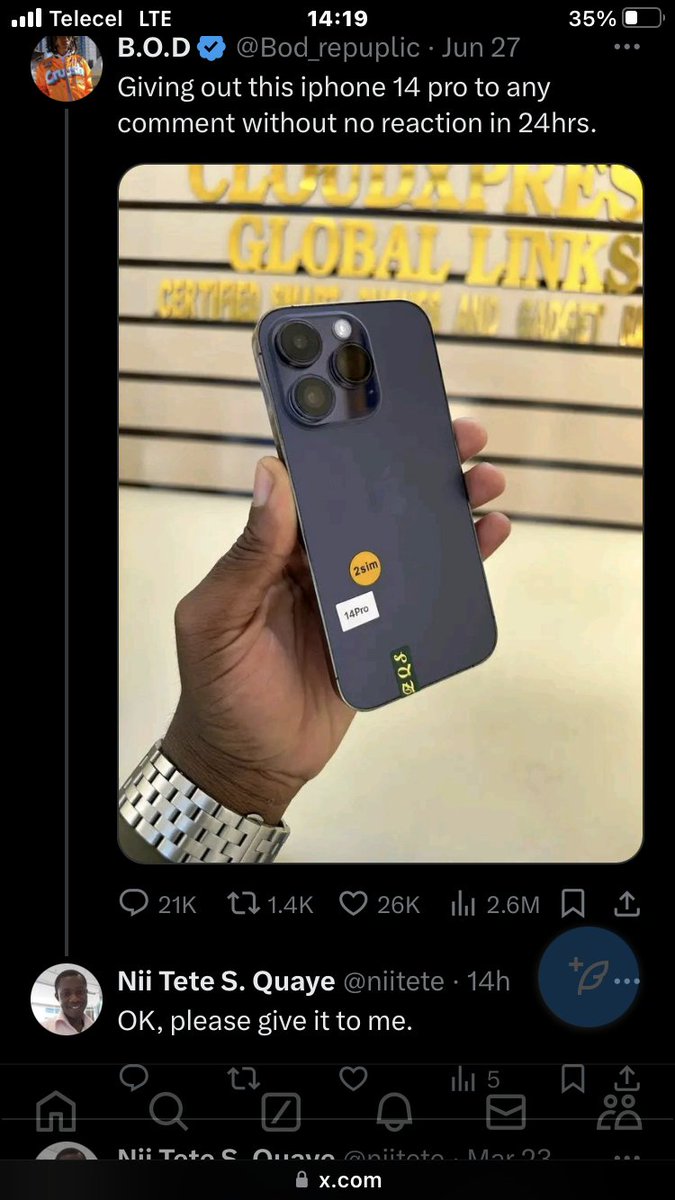 niitete's tweet photo. Hi @Bod_repuplic please I won the giveaway on the iPhone 14 Pro, you posted yesterday.
Kindly confirm and let me know how you plan to send the phone to me. Thanks. https://t.co/V0g8s80nYf