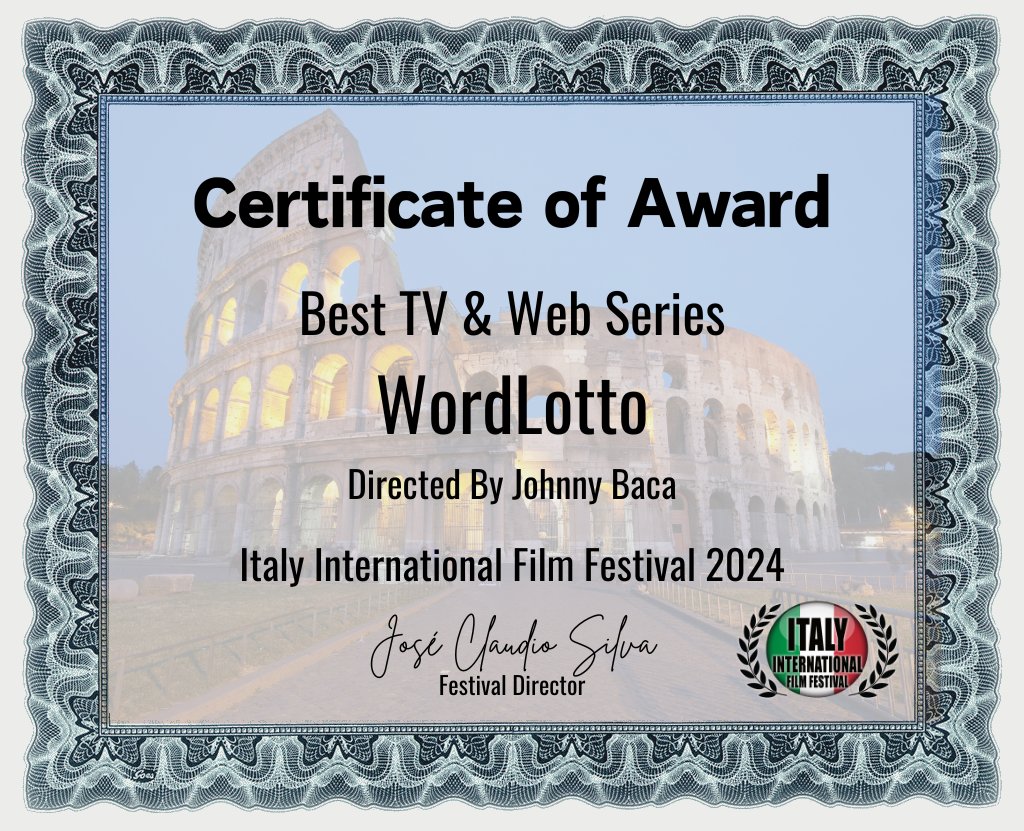 Wordlotto's tweet photo. WordLotto win Best Web Series a the Italy International Film Festival.
Check it out for free on YouTube. Its won 150 film festivals.
https://t.co/Rh9BPSuonh
#webseries #tvseries #comedywebseries #comedytvseries #comedytvshow #comedy #Youtubecomedy #youtubechannel https://t.co/Fue3mmt6pc