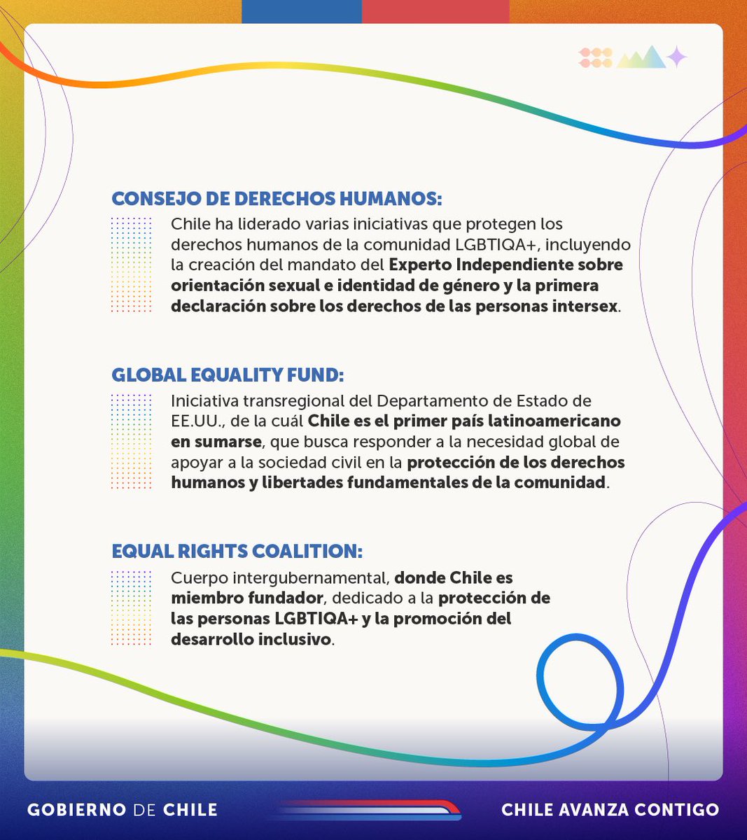 DÍA INTERNACIONAL DEL ORGULLO 🏳️‍🌈🏳️‍⚧️| Chile tiene un compromiso irrestricto con la promoción y protección de los Derechos Humanos, especialmente de aquellas comunidades históricamente vulneradas. 
#DíadelOrgullo 
#PrideDay