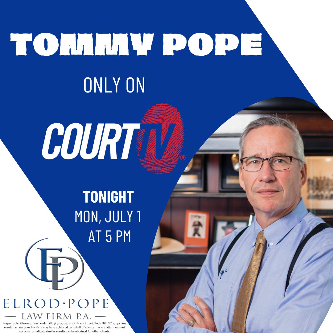 ElrodPope's tweet image. 📆 Tune in TONIGHT to @COURTTV
🕔 at 5PM
👥 @TommyPopeSC is joining Judge @AshleyCourtTV 
💬 Providing expert legal insights to ongoing cases as court wraps up

#CourtTV #ElrodPope #HelplpingInjuredPeople #LocalMatters
