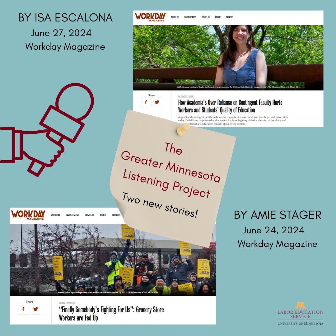 LaboredMN's tweet photo. Here are the two most recent stories from @WorkdayMagazine, both a part of the Greater Minnesota Worker Listening Project!
From Amie Stager, on grocery store workers in Brainerd Lakes. And from Isa Escalona, on St. Cloud contingent adjunct professors.
#workervoices #listening https://t.co/8B7dX7Za8k