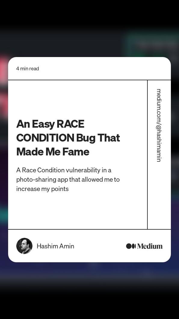 mrhashimamin's tweet photo. RACE CONDITION in a photo-sharing app that lead me to increase my points 👾🆙  
--
Write-up: https://t.co/kQfmxwSxx9
--
#bugbountytips #cybersecurity #bugcrowd #informationsecurity #infosec #infosecurity https://t.co/ALYaSuYzUv