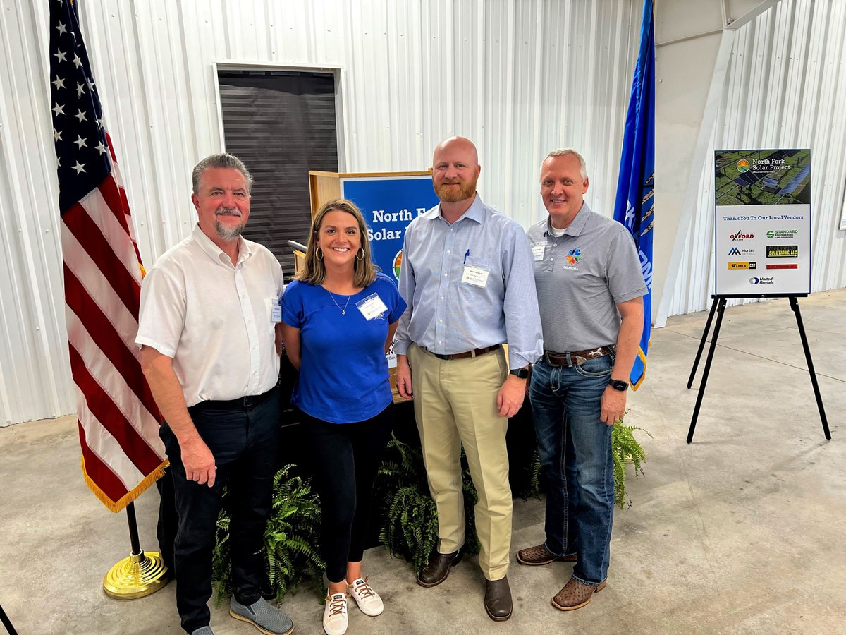 OMPA_'s tweet photo. The state legislators in OMPA communities are terrific supporters of Public Power. Many thanks to Representative Mike Dobrinski, Senator Brent Howard and Representative Gerrid Kendrix for attending the dedication of the North Fork Solar Farm in southwest Oklahoma. https://t.co/cSOYnlOfaI