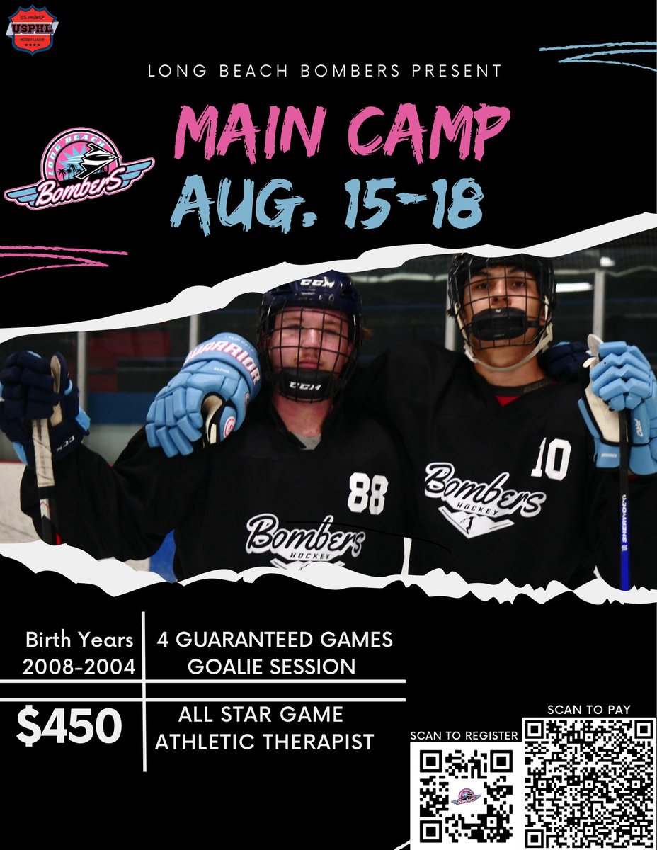 #USPHLTryouts: The <a href="/LBbombersusphl/">Long Beach Bombers USPHL Team</a>, preparing for their inaugural season in 2024-25, will be holding their Main Camp Aug. 15-18. Sign up today by scanning the QR codes in the graphic below!