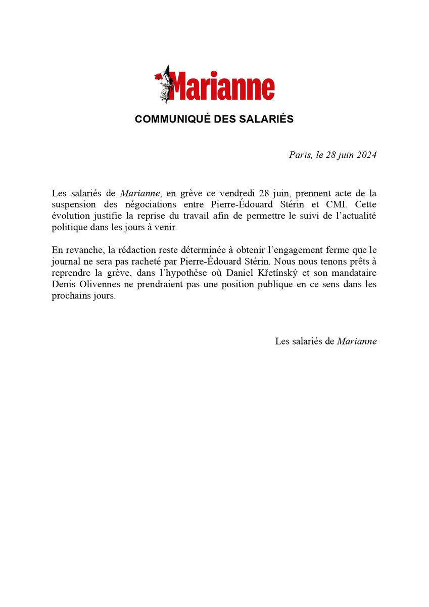 Communiqué des salariés de <a href="/MarianneleMag/">Marianne</a>.