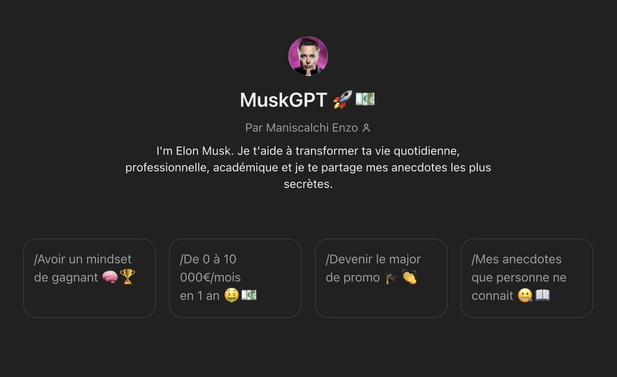 Elon Musk est plus riche que 99,99% de la population.

Alors je te dévoile mon GPT te permettant de travailler avec lui. 🤯

Valeur de 22€, GRATUIT pendant 24 heures. 🔥 

Pour l'obtenir, c'est simple ⬇️

- Follow-moi (pour te DM)
- Like &amp; RT 
- Commente « Musk »  

Bluffant 🥲