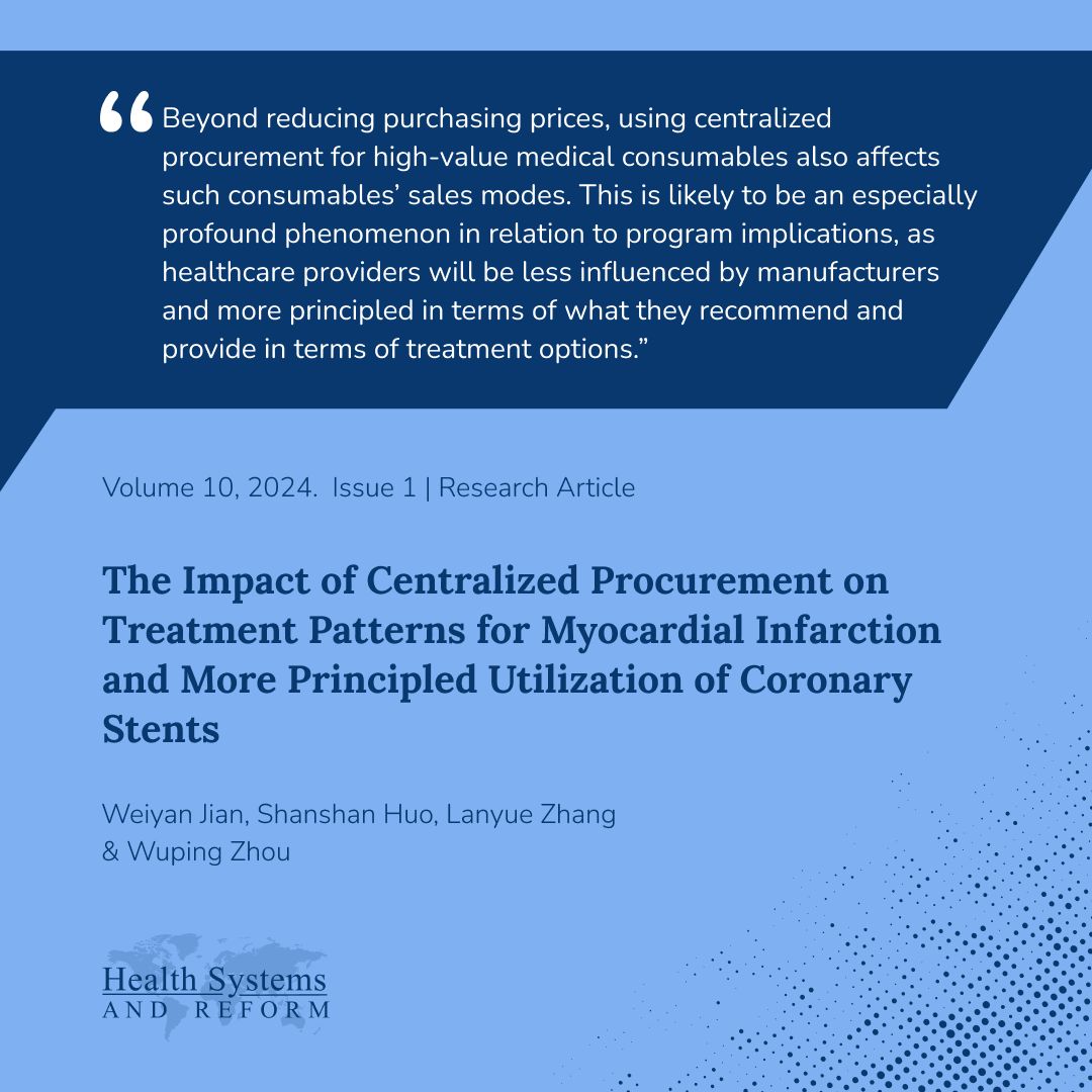 In 2020, China's National Healthcare Security Administration expanded the centralized procurement program to include high-value medical consumables like coronary stents. Weiyan Jian, Shanshan Huo, Lanyue Zhang &amp; Wuping Zhou studied the impact of this program🧵