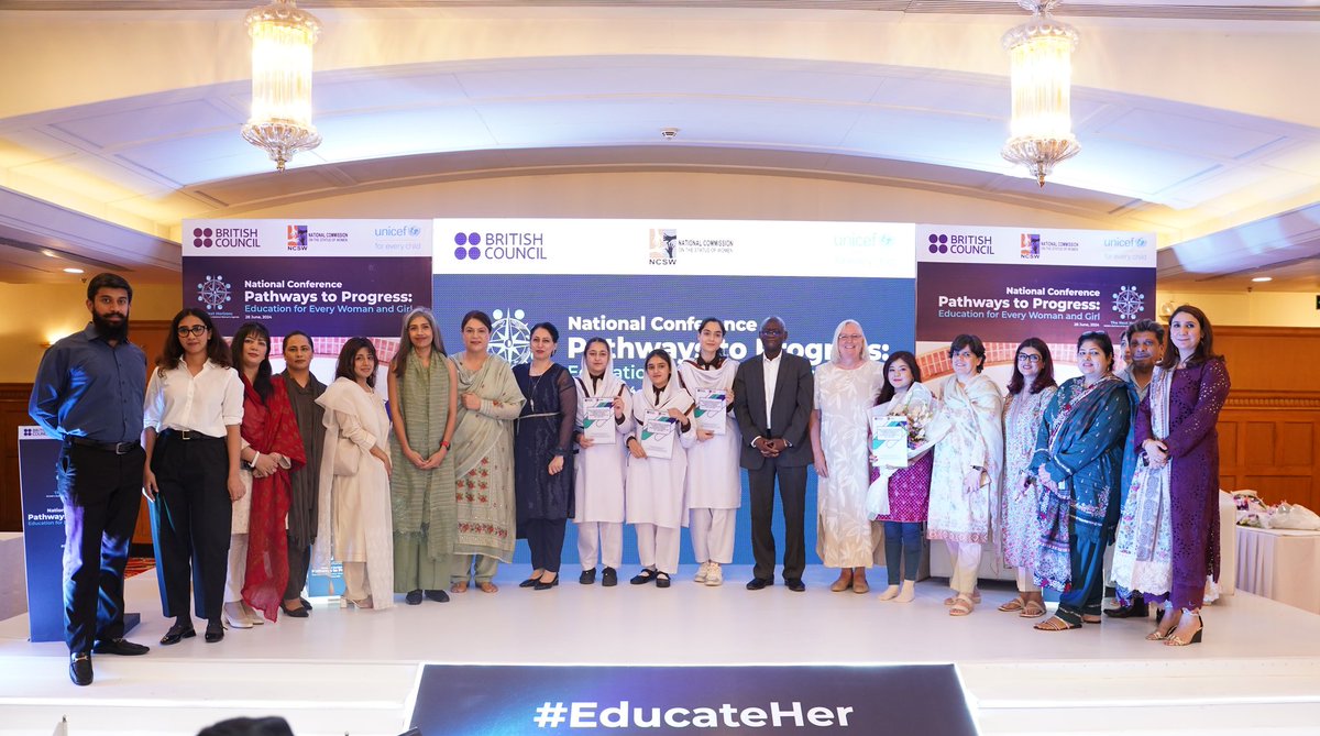 UNICEF_Pakistan's tweet photo. A national conference - "Pathways to Progress: Education for Every Woman &amp; Girl" was organized today by @ncswpk, with support from @UNICEF &amp; @pkBritish. It examined barriers to education for girls &amp; women in 🇵🇰 &amp; proposed strategies to promote equitable learning opportunities. https://t.co/6XGrpZEVdD