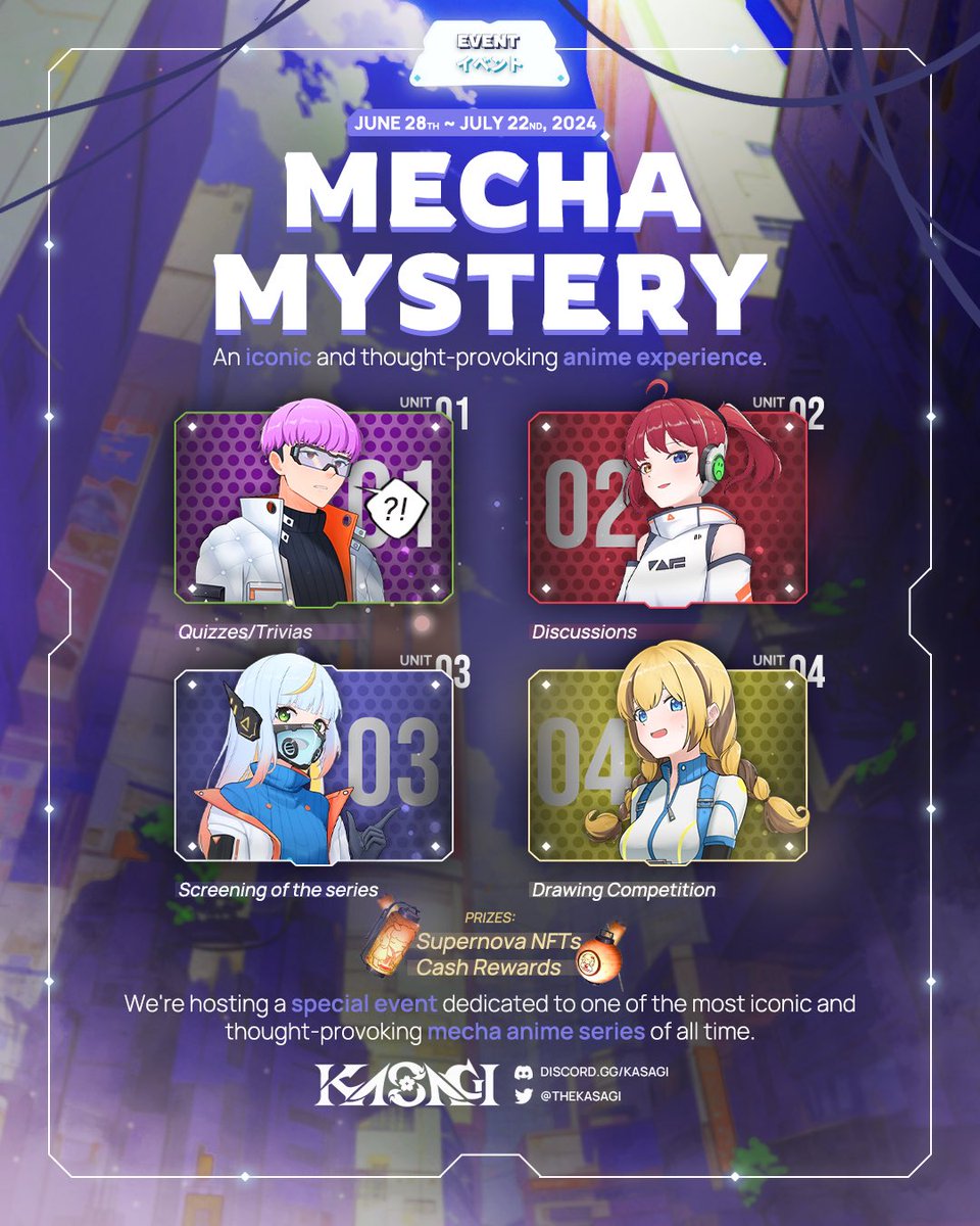 We are hosting "Mecha Mystery", an event dedicated to one of the most iconic and thought-provoking mecha anime series of all time. The event will be from June 28th to July 22nd. 🗓️

Join us in our discord to participate! 📌 

See you there! 🤖