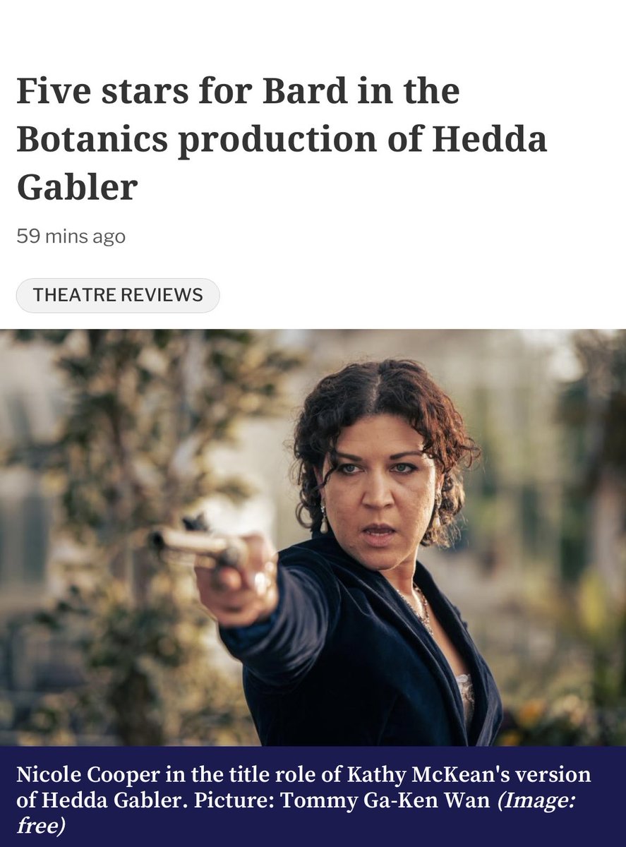 My ⁦<a href="/heraldscotland/">The Herald</a>⁩ <a href="/heraldmagazine/">Herald Mag & Arts</a> review of Hedda Gabler, Kathy McKean’s new version of Ibsen’s play for ⁦⁦<a href="/bardbotanics/">Bard in the Botanics</a>⁩ , starring Nicole Cooper as Hedda. 

heraldscotland.com/life_style/244…

Botanic Gardens, Glasgow until July 6. Tickets - bardinthebotanics.co.uk/productions/20…