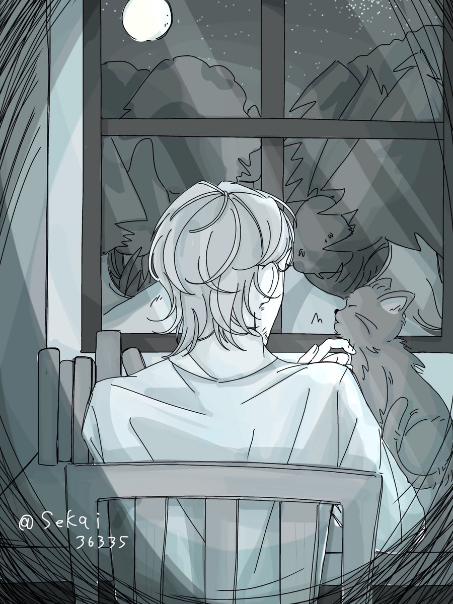 sekai36335's tweet photo. #ジャン版深夜の60分一本勝負
@jean_1draw 
遅刻参加失礼します。お題【月光・椅子・動物】 https://t.co/bQ37rwBzUy