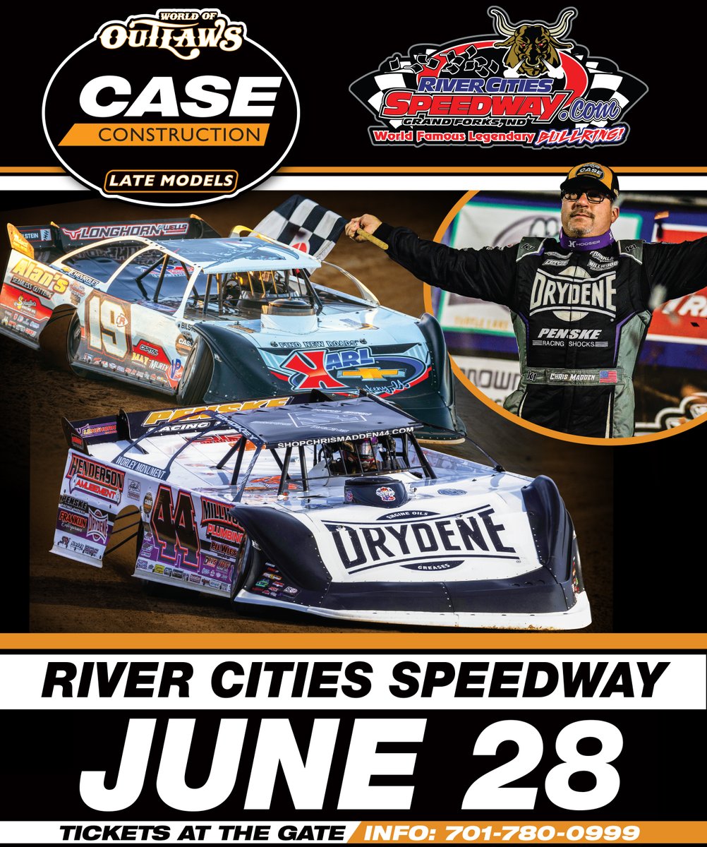 River Cities Speedway (@rivercitiesnd) on Twitter photo It's RACE DAY with the Most Powerful Late Models on the Planet! π
The <a href="/WoOLateModels/">World of Outlaws Late Models</a> make their only appearance of the season tonight!
They will be joined by Midwest Mods & Street Stocks.
Tickets available at the track.
Hot laps at 6:30pm. Racing at 7:00pm. It's RACE DAY with the Most Powerful Late Models on the Planet! π
The <a href="/WoOLateModels/">World of Outlaws Late Models</a> make their only appearance of the season tonight!
They will be joined by Midwest Mods & Street Stocks.
Tickets available at the track.
Hot laps at 6:30pm. Racing at 7:00pm.