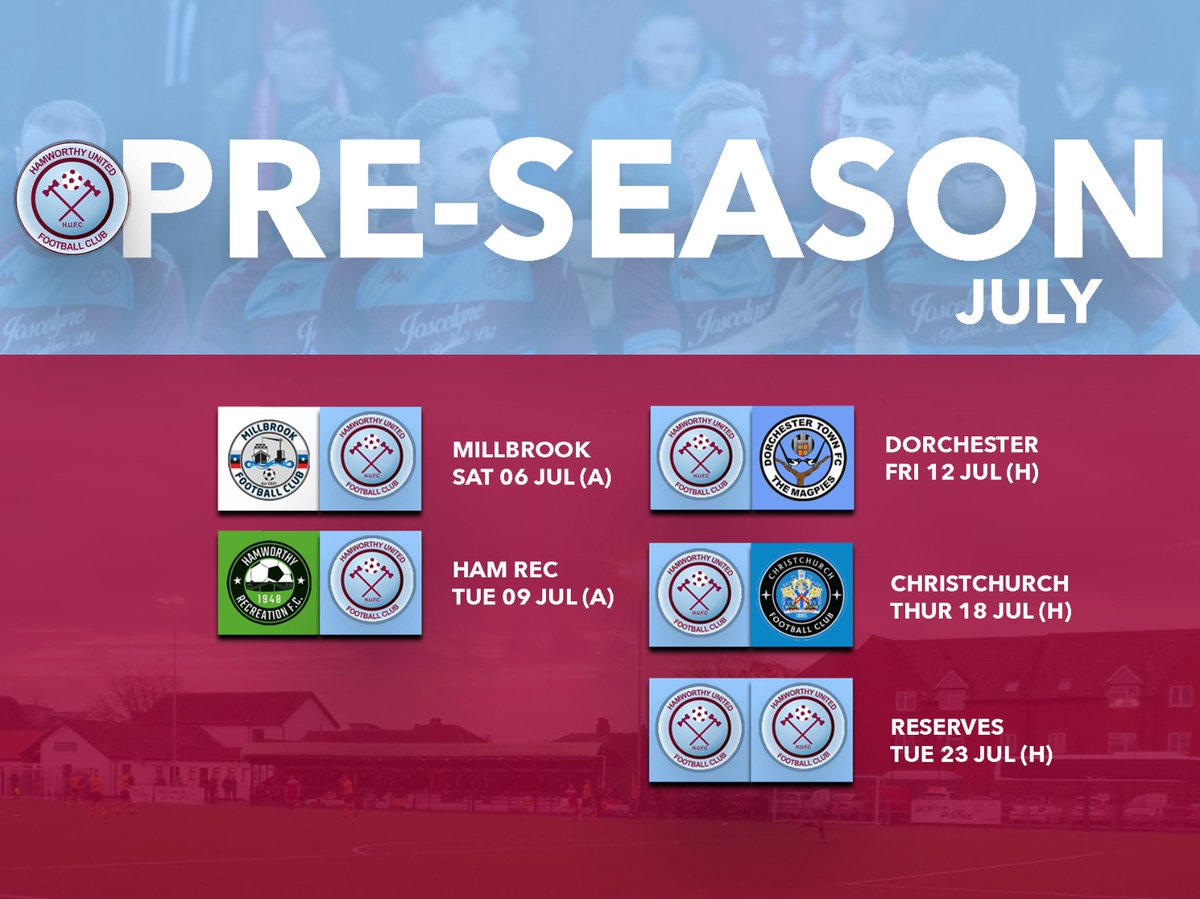 📅 PRE SEASON UPDATE!

Our fixture with Christchurch FC has been rearranged for Thursday 18th July.

Also a in-house friendly with the Reserves on Tuesday 23rd July, Both games are 7:45pm kick offs!

UP THE HAMMERS ⚒️