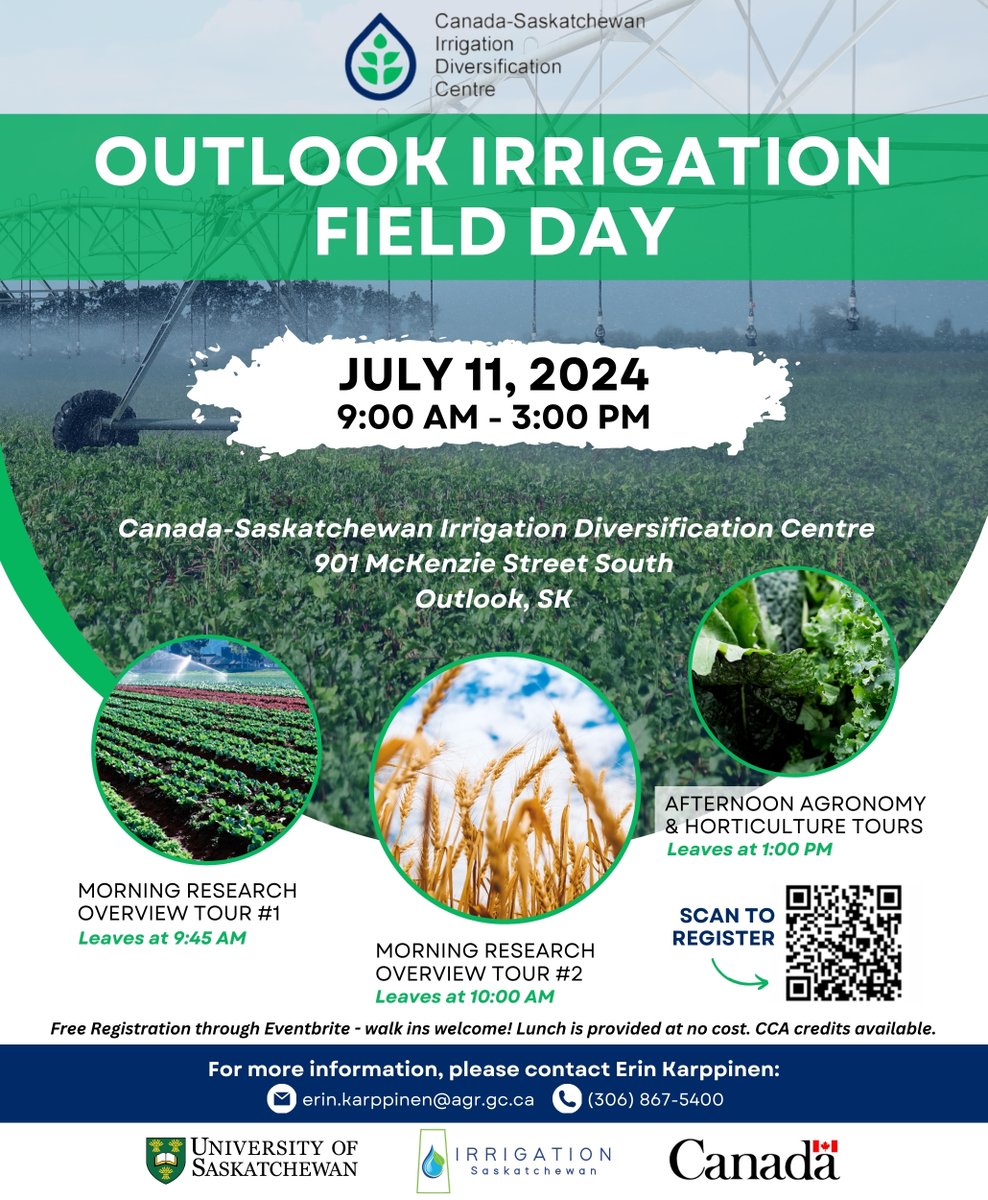 Celebrate with #CSIDC for their 75th Anniversary! Join them for morning and afternoon field tours and a tradeshow. Coffee, snacks, and lunch are provided.

Registration is required:

eventbrite.ca/.../outlook-ir…...
#Outlook #IrrigationFieldDay #Irrigation #Saskatchewan #FieldTours