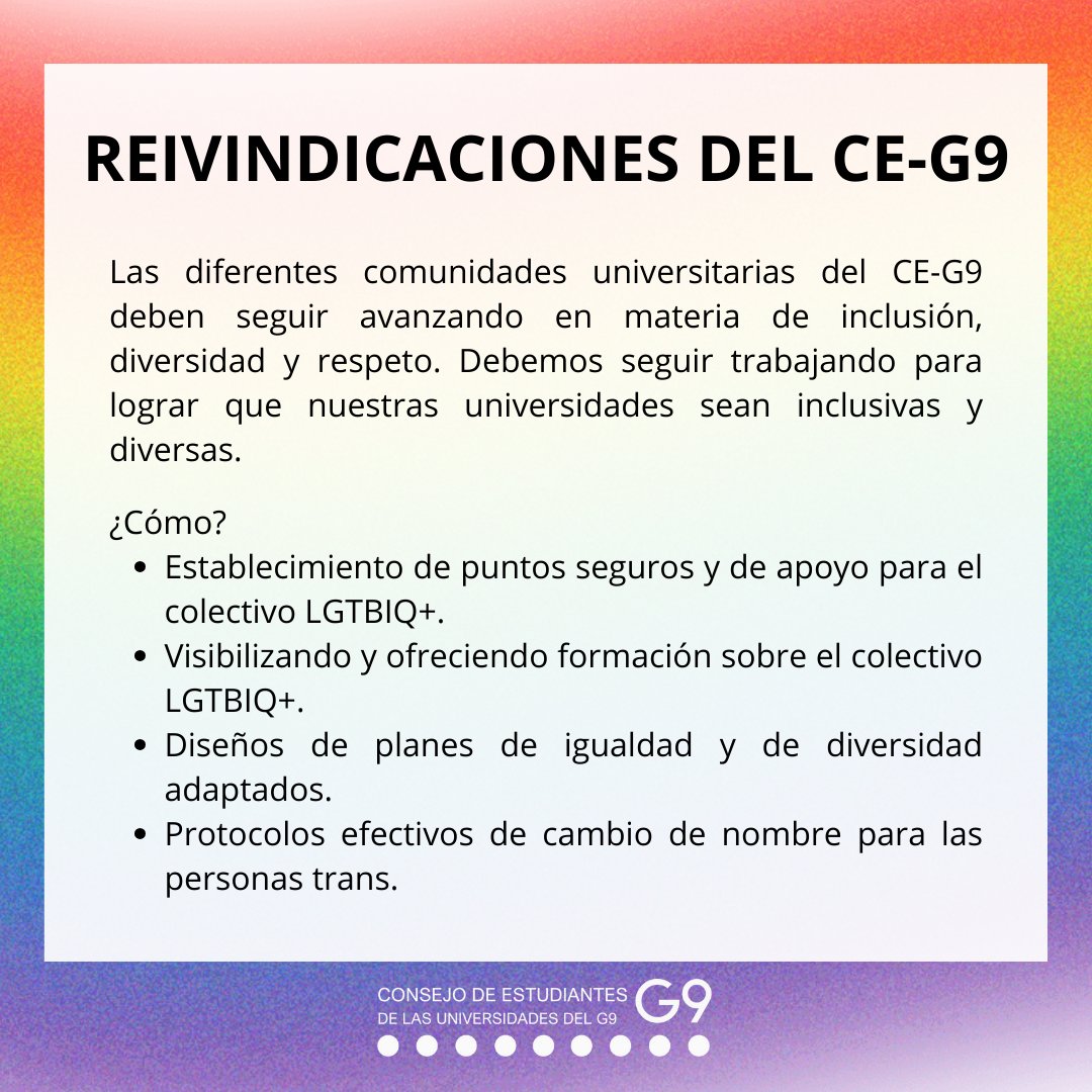 ConsejoG9's tweet photo. Desde el CE-G9 creemos en la importancia de que nuestras universidades sean espacios inclusivos y diversos. https://t.co/21rtGlVzHq