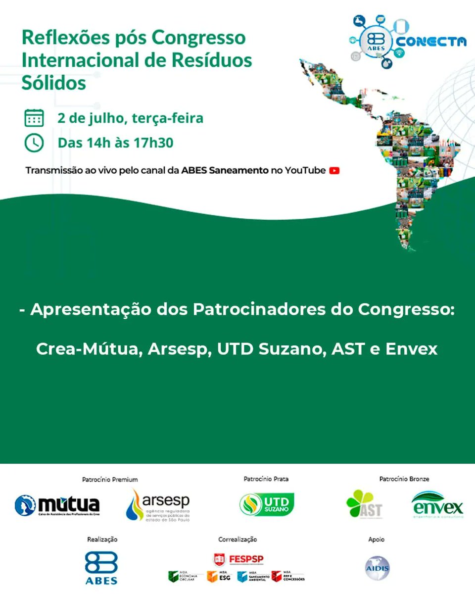ABES_SP's tweet photo. 📣♻️Inscreva-se no webinar especial sobre o 1° Congresso Internacional de Resíduos Sólidos!

🗓Terça-feira, 2 de julho
🕓Das 14h às 17h30

🧶Segue o fio para conferir a programação completa👇 https://t.co/X4MRe5LhEt