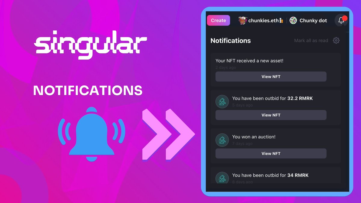 How often do you check your notifications at Singular?

Take advantage of important information such as offers, winning auctions, receiving assets, etc. 

You will find them at the top right corner, next to your profile.
