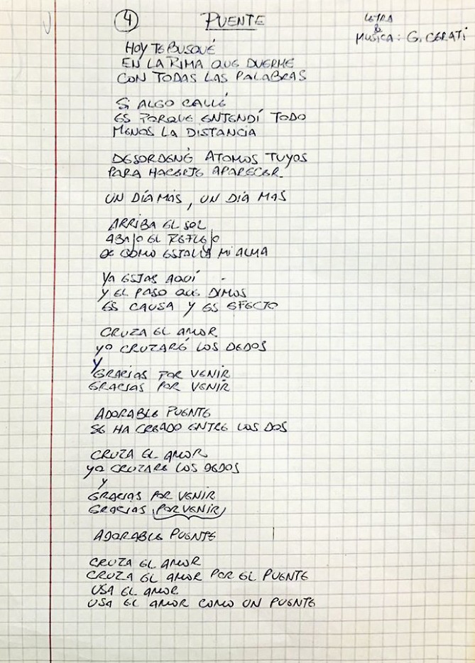 Gustavo Cerati: Manuscrito de "Puente", del álbum "Bocanada" (1999) 
"Usa el amor como un puente"  

📄: archivo Unísono 
#Bocanada25Años