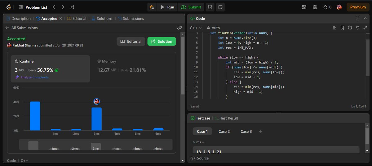 ParbhatSharma29's tweet image. Solved more binary search problems on 1D array and only two problem remains. Here are the problems I solved today.
@striver_79 #learninpublic #dsa #cpp #leetcode