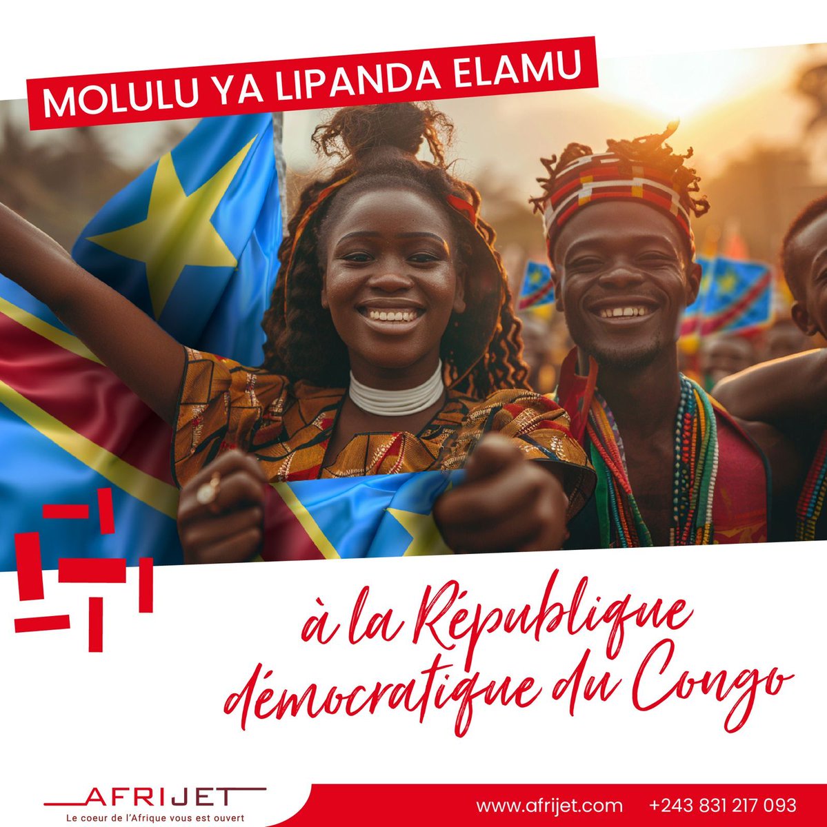 Joyeuse Fête Nationale à tous les Congolais ! 🇨🇩
Que cette journée spéciale soit l'occasion de célébrer l'unité et la paix de ce cher pays 🥳
Retrouvez-nous dans votre agence Afrijet à Kinshasa : Immeuble Congo Trade center (shop26) avenue Wengenya/commune de la Gombe. 
#RDC