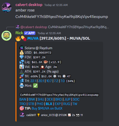 last night one of the bros scanned $MUVA at 400K, though it was basically impossible to get an entry till like 4 mill

traded in and out of this, was in each trade for a max of 10 seconds 

could've played this better, but I'm just glad we're finding stuff super early ✌️