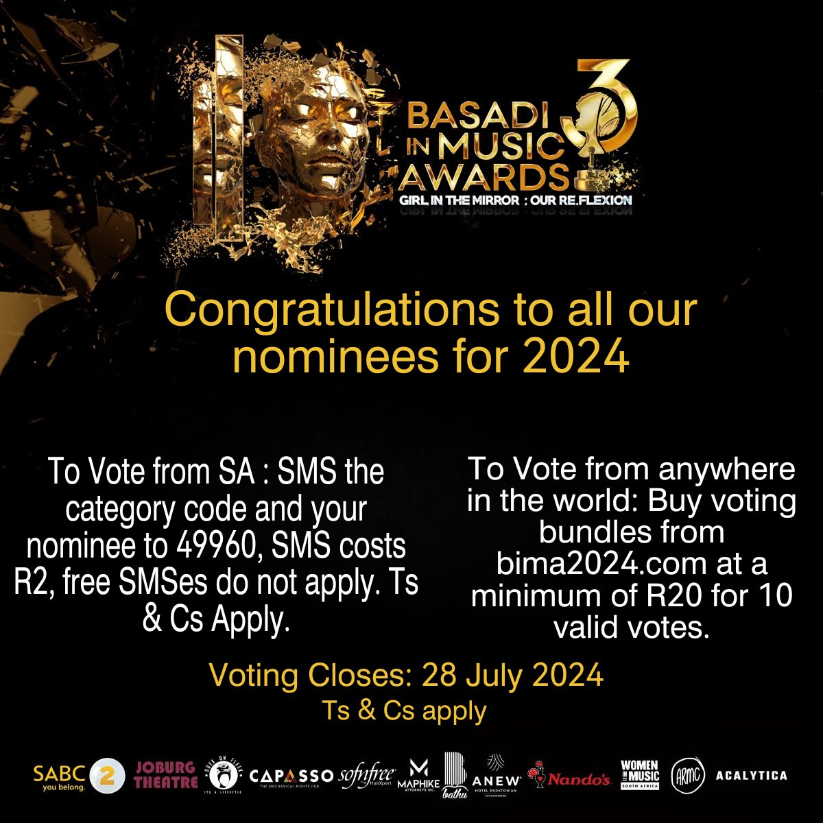 Anyone world wide will now be able to vote for their fav Queens in all categories🥳🥳

Visit bima2024.com, scroll to your fav and buy voting bundles at a minimum of R20 for 10 votes. This is equivalent to sending 10 SMSes at R2, each.

#BasadiInMusicAwards2024