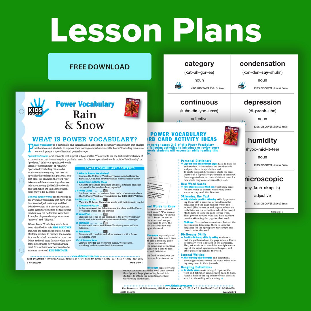 KIDS_DISCOVER's tweet image. This #Vocabulary Packet for 'Kids Discover: Rain &amp;amp; Snow' teaches core vocabulary about the #WaterCycle, with simple explanations of #barometric pressure, the life of a #raindrop, and how storms form. Download here: online.kidsdiscover.com/resource/power…