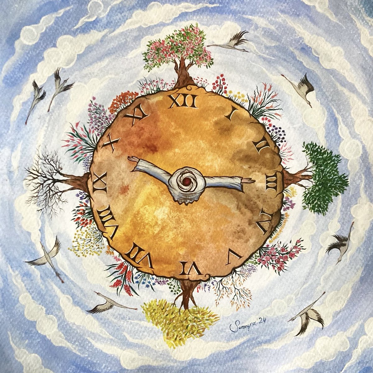 Yeni resmim; İnsan ve Zaman

Ömrün geçişine ağıttan ziyade hayatın bereketi ve vaktin kendi güzellikleriyle gelmesini vurgulamak istedim. Her mevsim ve saat insana göre şekilleniyor,kimse aynı vakti yaşamıyor. Kiminin yazı kiminin kışına denk düşüyor.Herkesin saati kendine kurulu