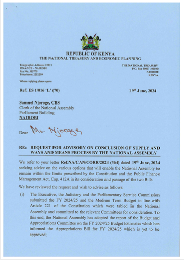 AmbokoJH's tweet photo. Now that we are already discussing Supplementary Appropriations Bill I 2024/25 already, what can we expect? 

The National Treasury, via advisory to the Clerk of the National Assembly dated June 19th, 2024, had already hinted at areas of possible budget cuts if Finance Bill 2024 ran into headwinds.

Which were the areas & what would the cuts as indicated then mean for the 2024/25 allocation?

A 🧵