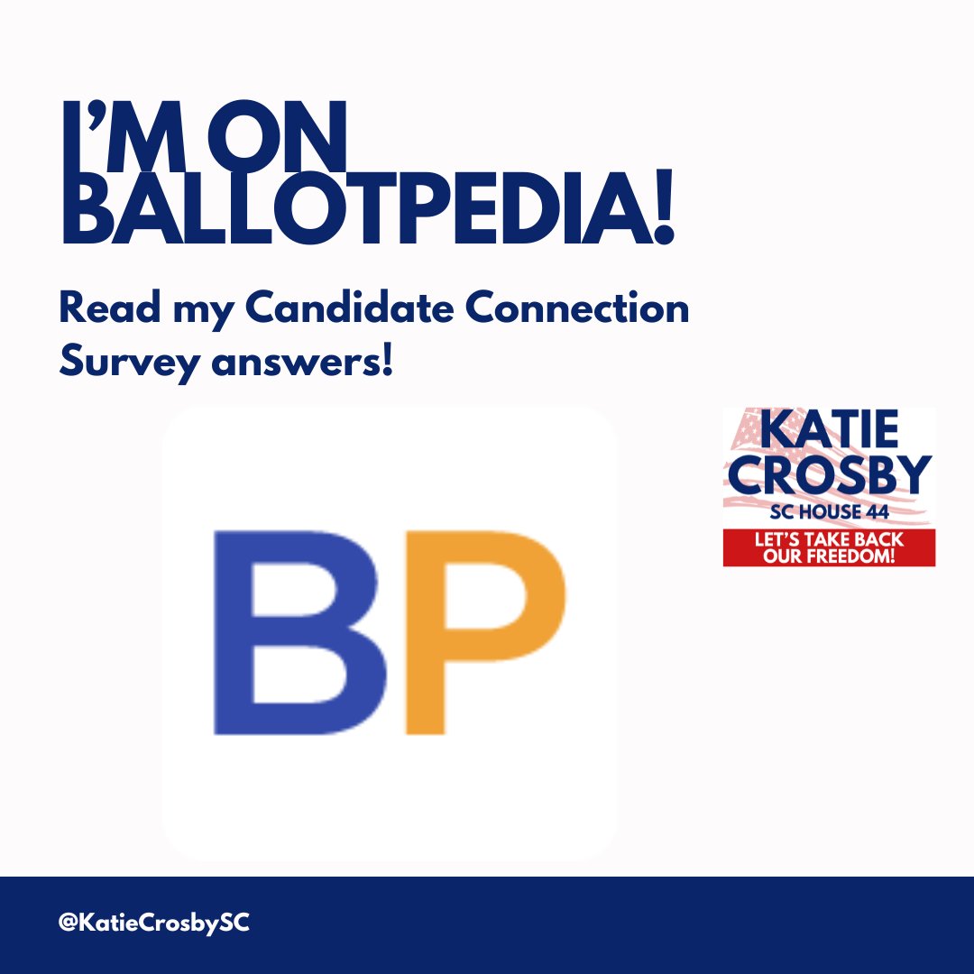 CrosbyForSC's tweet photo. It’s here - my answers to the Candidate Connection Survey are now posted on Ballotpedia! 🎉 Check them out to learn more about my vision for South Carolina.
Click here: https://t.co/AbauePGRkS
#SCPolitics #TakeBackOurFreedom #SC44 #scpol #IndianLandSC #VanWyckSC #SC #TeamKatie https://t.co/wWzo6vYXYB