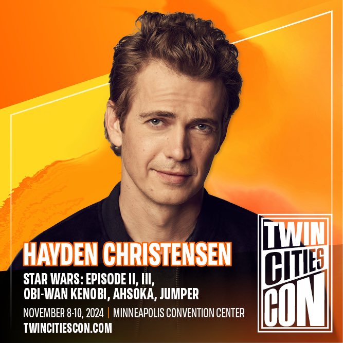 Twin Cities Con (@twincitiescon) on Twitter photo We are beyond delighted to announce that Hayden Christensen will be joining us on SATURDAY ONLY at Twin Cities Con, this November! 
Don’t miss the chance to meet Anakin Skywalker himself! 💫 Drop your favorite Anakin quotes below! ⬇️🤩 We are beyond delighted to announce that Hayden Christensen will be joining us on SATURDAY ONLY at Twin Cities Con, this November! 
Don’t miss the chance to meet Anakin Skywalker himself! 💫 Drop your favorite Anakin quotes below! ⬇️🤩