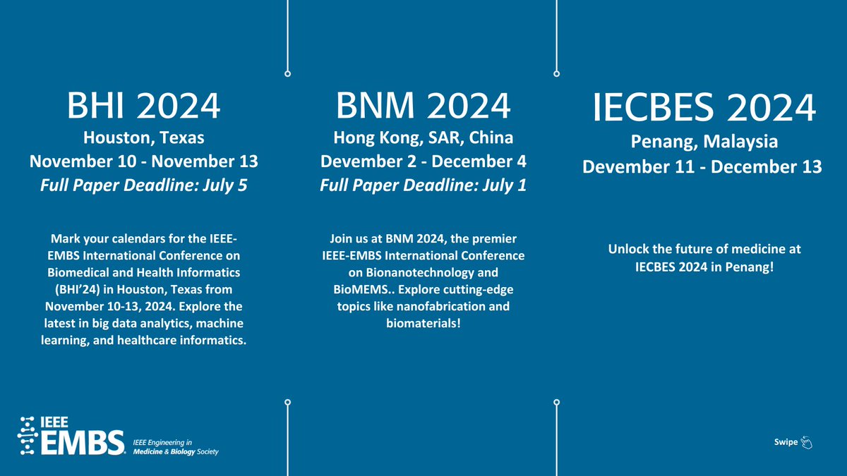 IEEEembs's tweet photo. Join IEEE Engineering in Medicine and Biology Society for upcoming events! Don't miss out on opportunities to network and learn. Find info on all these conferences at https://t.co/zC1SWApTbt.

#BiomedicalEngineering #BiomedicalInnovations #BiomedicalTechnology https://t.co/uqWfXBRJvG