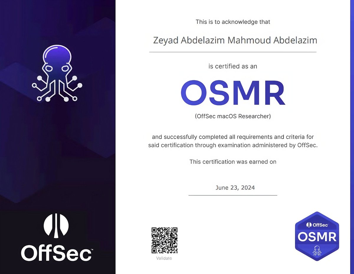 AzimaZeyad's tweet photo. Allhmudllah, Just smash the #OSMR from #offensivesecurity
#cybersecurity #hacker #apple #macos https://t.co/MAkO5wvw1q