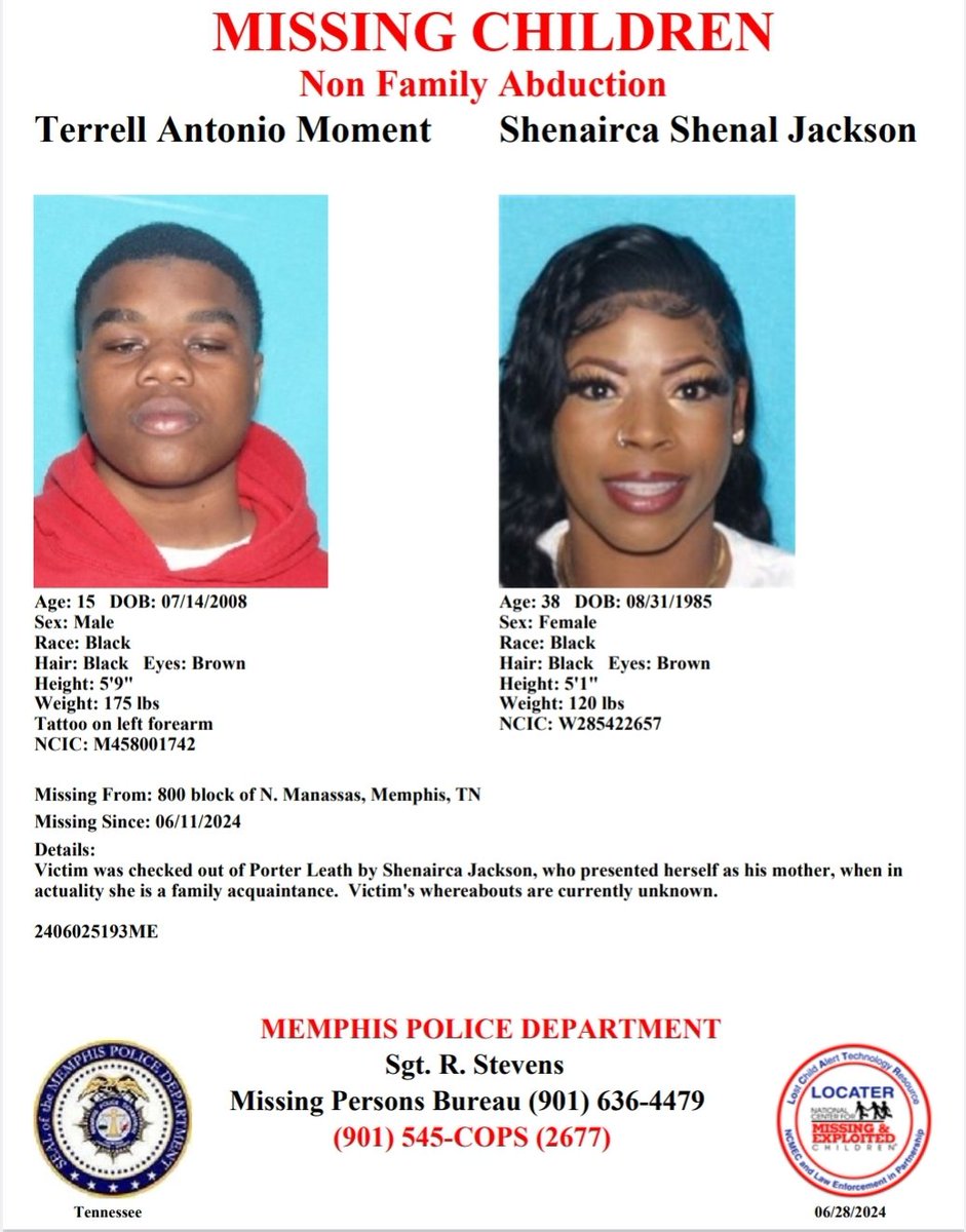 MEM_PoliceDept's tweet photo. Have you seen Terrell Antonio Moment and Shenairca Shenal Jackson?
Report #2406025193ME https://t.co/tdWZhpLVwX
