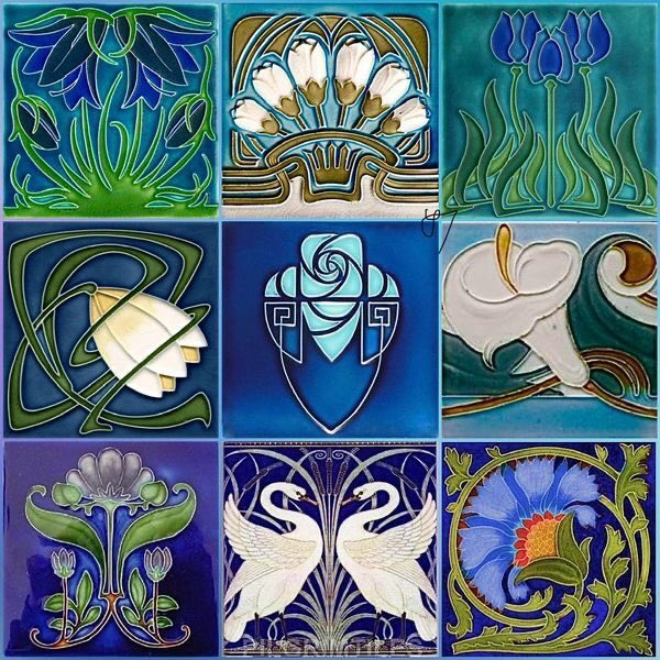 Wonderful collection of Art Nouveau tiles.    
I’ve found some interesting pieces especially this afternoon. This is amongst them.   There are always different goodies to be found.   The pretty sculpture painted bust made me happy as do these tiles