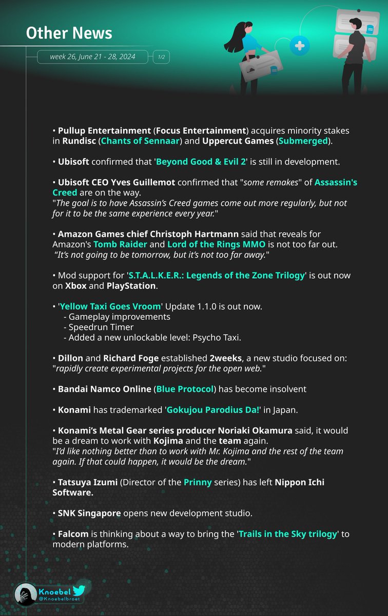 Knoebelbroet's tweet photo. Yo! It's #GamingNewsRecap day!

Suprisingly pretty quiet this week but let's be positive, a quieter weeks means also less bad news. Yeay.

4 pages with news about:
- Console news #Xbox #PlayStation #Nintendo
- Releaseinfos
- 2 pages of other news

[1/2] https://t.co/Cr3RxSfEGL