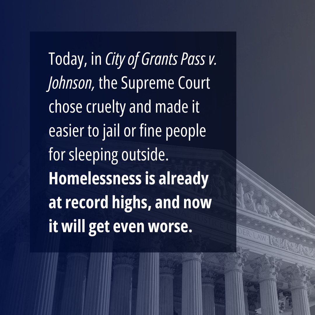 Today SCOTUS made the cruel and heartless decision to criminalize homelessness in the case of City of Grants Pass, Ore. v. Johnson. We REJECT this decision and demand protections for survivors and people experiencing homelessness.