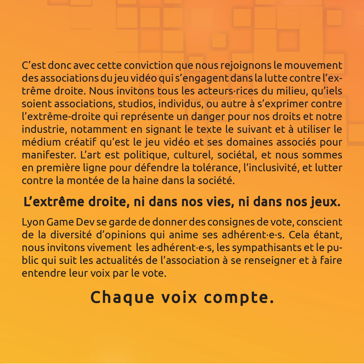 lyongamedev's tweet photo. L'association ne peut plus rester silencieuse face à la situation actuelle. #NiNosViesNiNosJeux https://t.co/QJMcV2FNXt