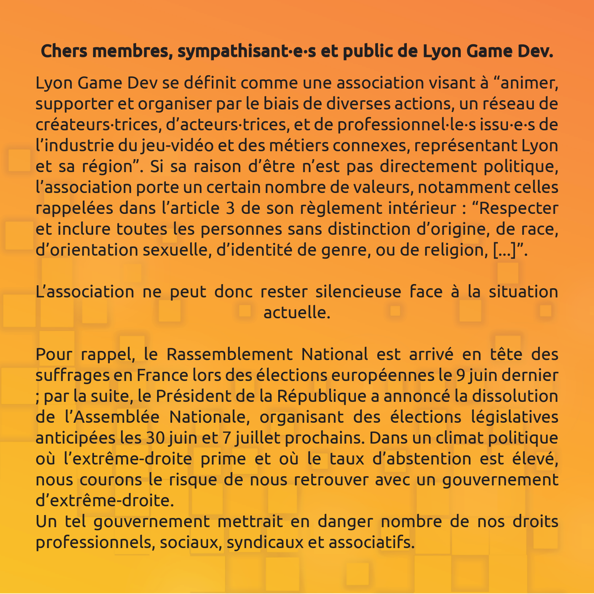 lyongamedev's tweet photo. L'association ne peut plus rester silencieuse face à la situation actuelle. #NiNosViesNiNosJeux https://t.co/QJMcV2FNXt
