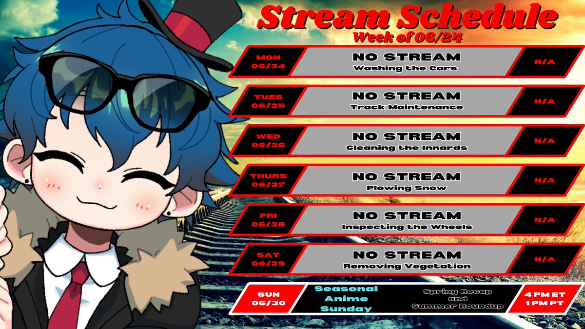 RailtracksTV's tweet photo. Better late than never. The #ScheduRail arrives just when it's supposed to!

Only one stream this week; it's the long-awaited return of #SeasonalAnimeSunday! It's back and better than ever! More organized, more content, and a new logo!

See you all then for recap and roundup! https://t.co/eMsHKa5iUb