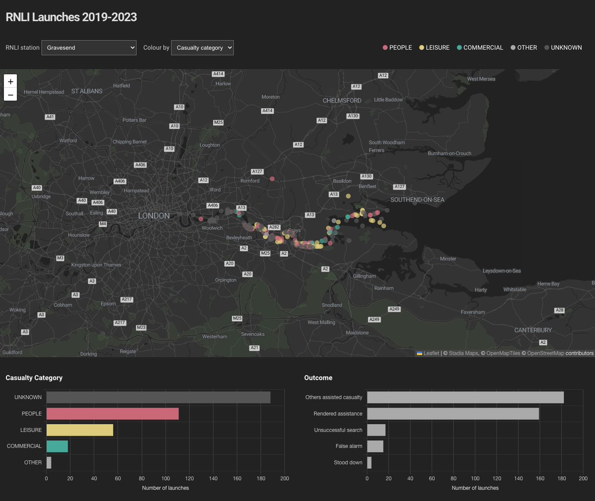 peter_r_cook's tweet image. This dashboard of @RNLI launch data is built using React, @LeafletJS and @chartjs. It's also a static application (no API required) and hosted on the fantastic @surge_sh for free 💚 rnli-dashboard.surge.sh