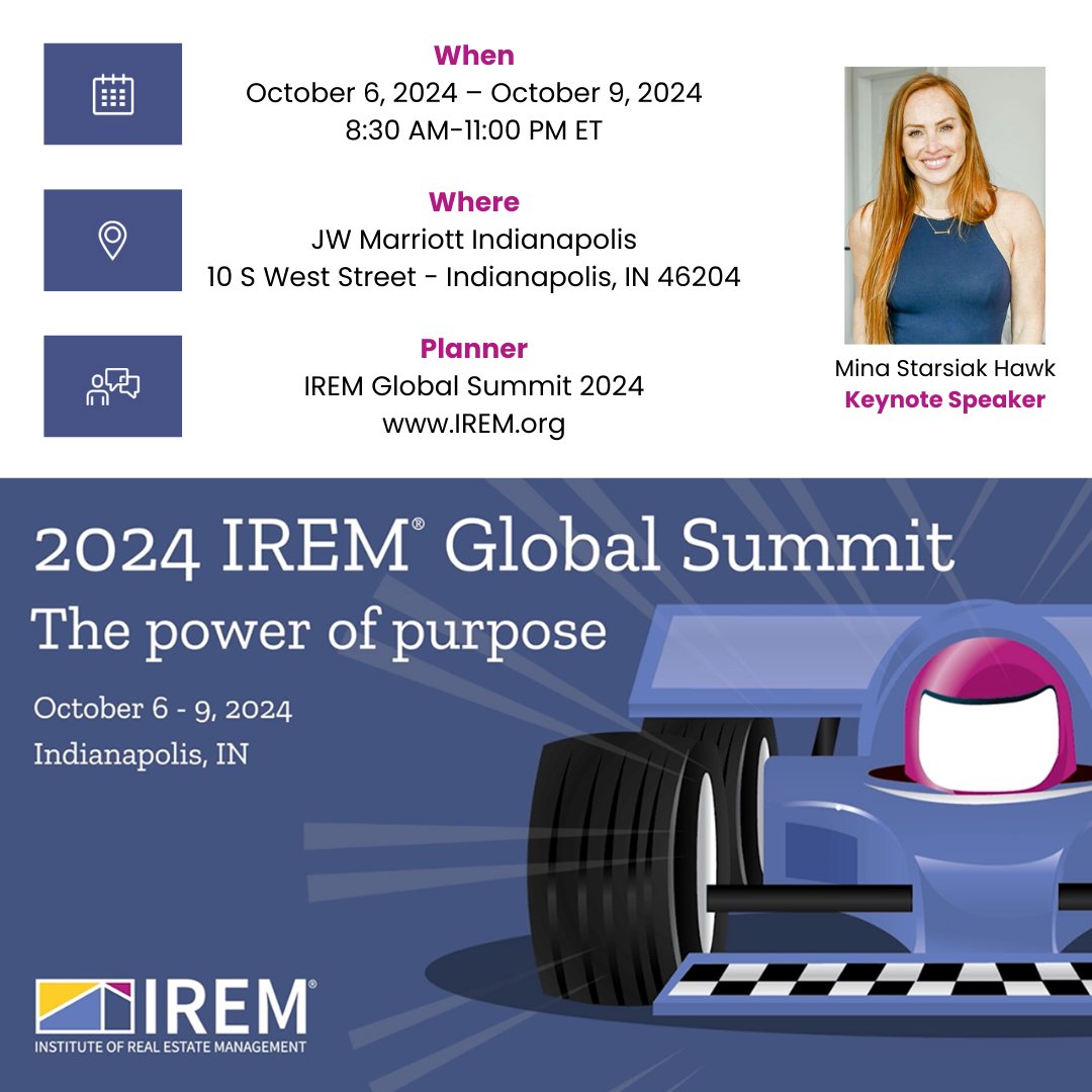 Join us as Indianapolis plays host to the 2024 IREM® Global Summit! Plan ahead so you don't miss out on this amazing opportunity. There will be tons of education, networking and exhibits from October 6th - 9th.

Visit bit.ly/4eKDmpM for full details!
